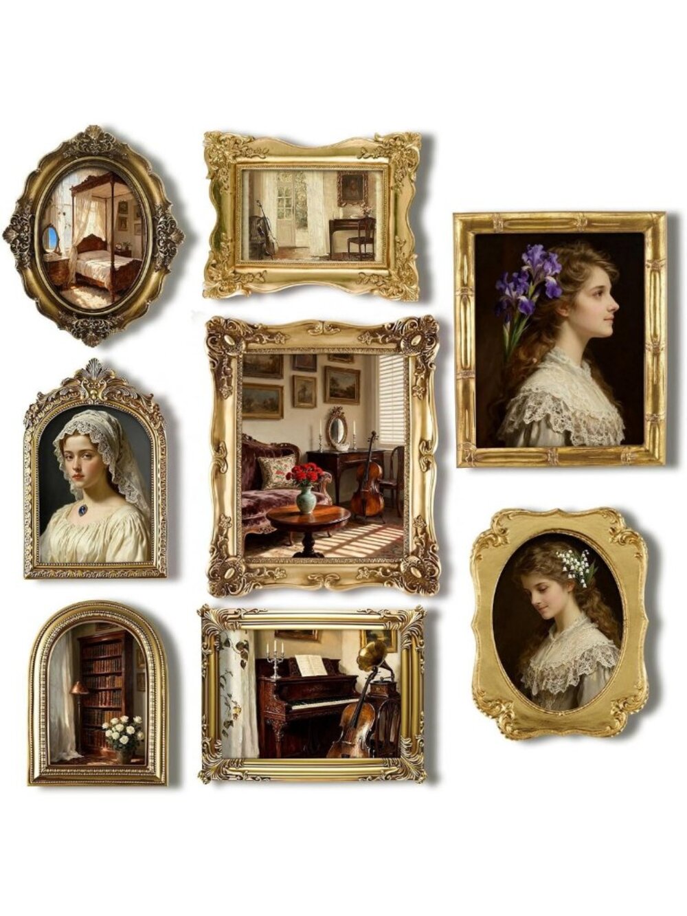 Vintage 8-Pc Antique Gold Picture Frame Set for Gallery Wall Decor, Home Art